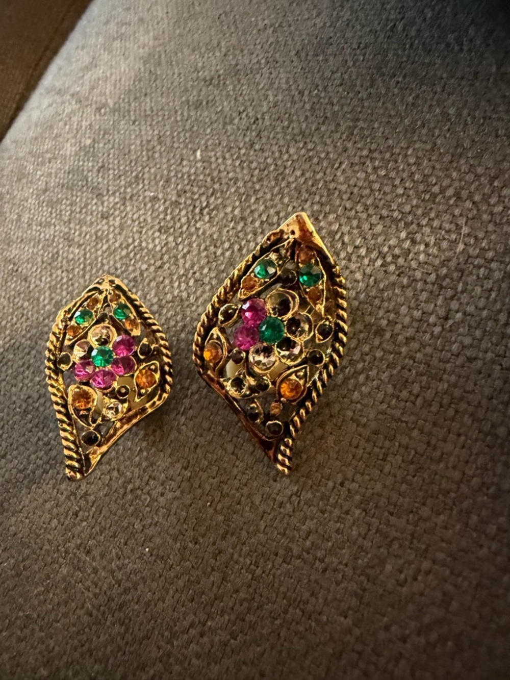 Vintage Gold-Tone Leaf earrings with Pink, Green and Amber Crystals mid century
